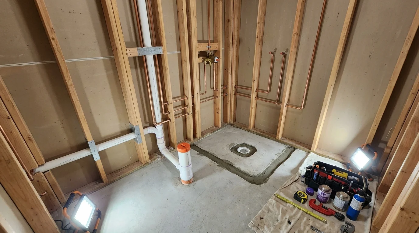 Bathroom rough-in plumbing during remodel by Johns Plumbing LLC in Silverton